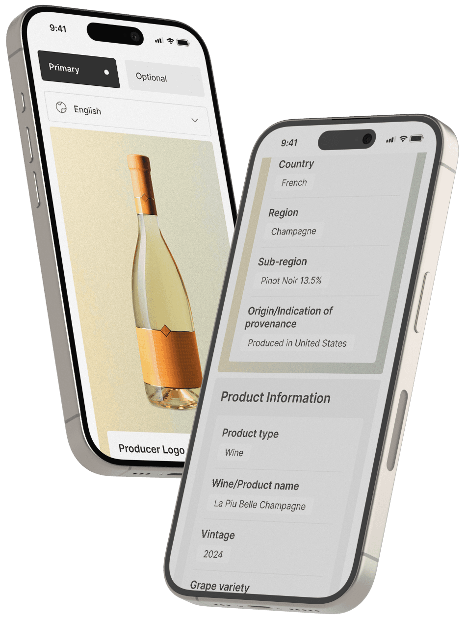 Mobile display of EU QR wine label sample showing wine nutrition and ingredients.